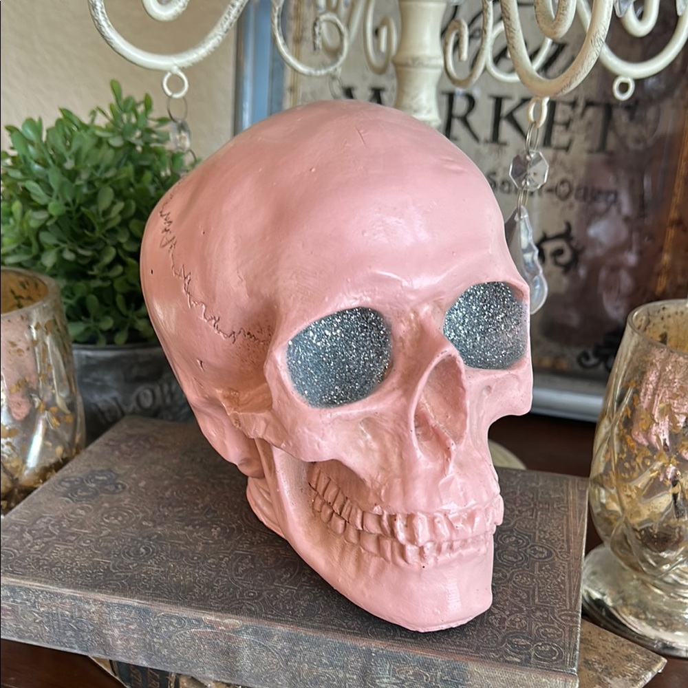 Halloween Gothic Glam Pink Skull Decor with Glitter Eyes